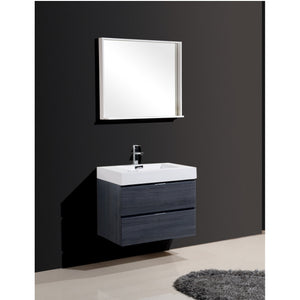 KUBEBATH Bliss BSL30-GO 30" Single Wall Mount Bathroom Vanity in Gray Oak with White Acrylic Composite, Integrated Sink, Rendered Angled View