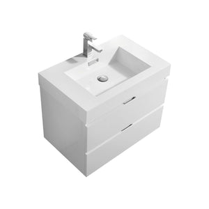 KUBEBATH Bliss BSL30-GW 30" Single Wall Mount Bathroom Vanity in High Gloss White with White Acrylic Composite, Integrated Sink, Angled View