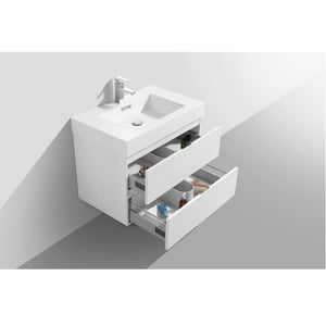 KUBEBATH Bliss BSL30-GW 30" Single Wall Mount Bathroom Vanity in High Gloss White with White Acrylic Composite, Integrated Sink, Open Drawers
