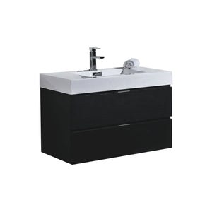 KUBEBATH Bliss BSL36-BK 36" Single Wall Mount Bathroom Vanity in Black with White Acrylic Composite, Integrated Sink, Angled View