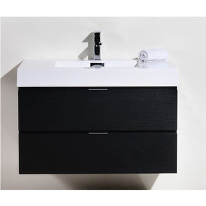 KUBEBATH Bliss BSL36-BK 36" Single Wall Mount Bathroom Vanity in Black with White Acrylic Composite, Integrated Sink, Front View