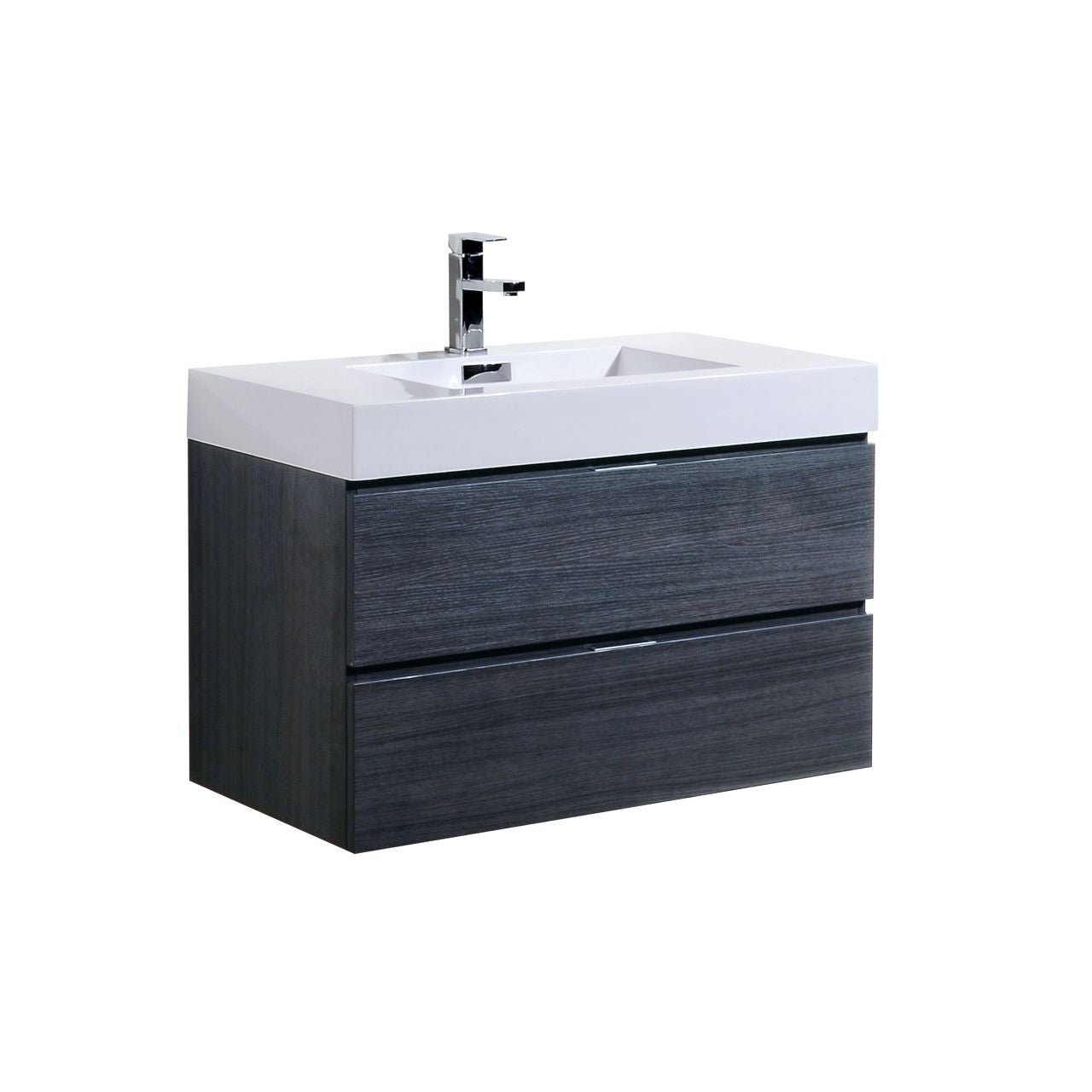 KUBEBATH Bliss BSL36-GO 36" Single Wall Mount Bathroom Vanity in Gray Oak with White Acrylic Composite, Integrated Sink, Angled View