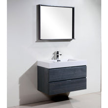 Load image into Gallery viewer, KUBEBATH Bliss BSL36-GO 36&quot; Single Wall Mount Bathroom Vanity in Gray Oak with White Acrylic Composite, Integrated Sink, Rendered Angled View