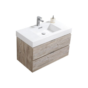 KUBEBATH Bliss BSL36-NW 36" Single Wall Mount Bathroom Vanity in Nature Wood with White Acrylic Composite, Integrated Sink, Angled View