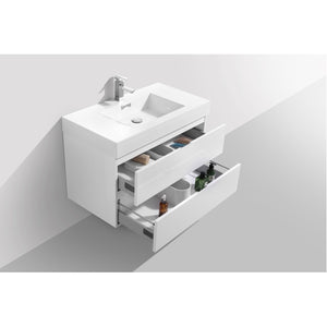 KUBEBATH Bliss BSL36-GW 36" Single Wall Mount Bathroom Vanity in High Gloss White with White Acrylic Composite, Integrated Sink, Open Drawers
