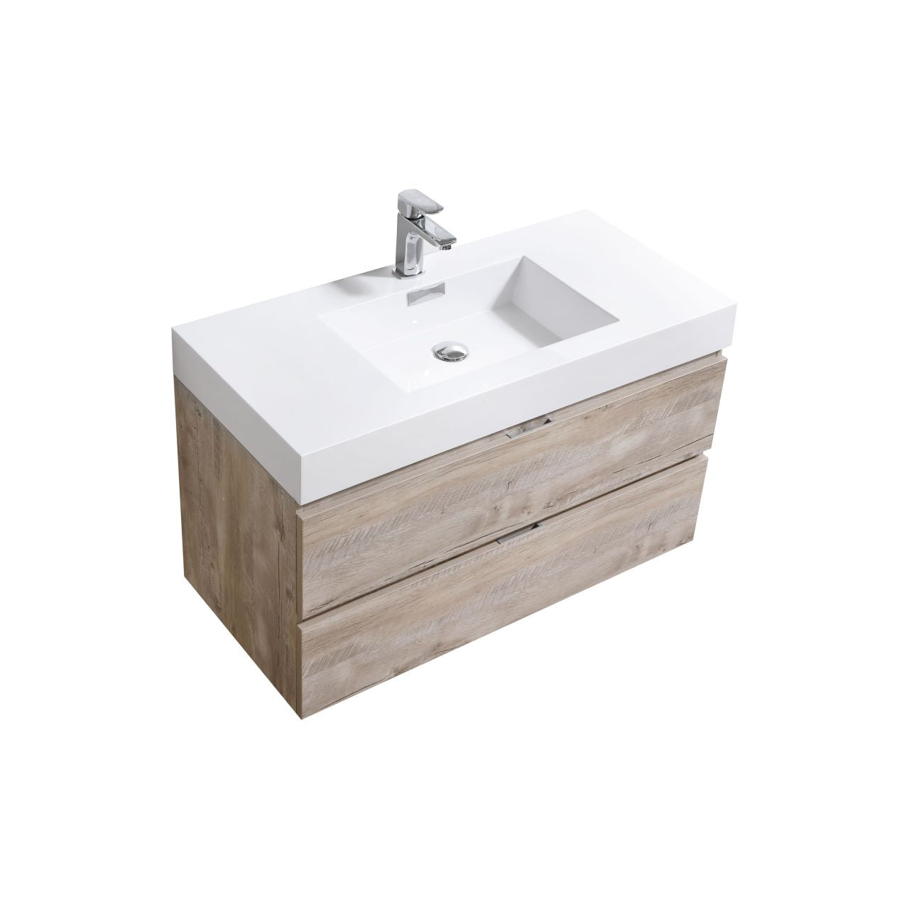 KUBEBATH Bliss BSL40-NW 40" Single Wall Mount Bathroom Vanity in Nature Wood with White Acrylic Composite, Integrated Sink, Angled View