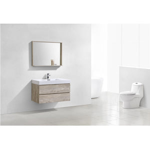 KUBEBATH Bliss BSL40-NW 40" Single Wall Mount Bathroom Vanity in Nature Wood with White Acrylic Composite, Integrated Sink, Rendered Angled View