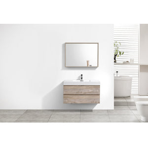 KUBEBATH Bliss BSL40-NW 40" Single Wall Mount Bathroom Vanity in Nature Wood with White Acrylic Composite, Integrated Sink, Rendered Front View
