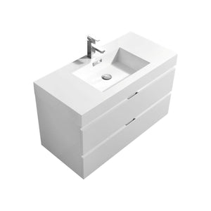 KUBEBATH Bliss BSL40-GW 40" Single Wall Mount Bathroom Vanity in High Gloss White with White Acrylic Composite, Integrated Sink, Angled View