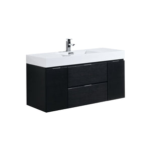 KUBEBATH Bliss BSL48-BK 48" Single Wall Mount Bathroom Vanity in Black with White Acrylic Composite, Integrated Sink, Angled View
