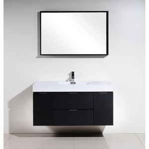 KUBEBATH Bliss BSL48-BK 48" Single Wall Mount Bathroom Vanity in Black with White Acrylic Composite, Integrated Sink, Rendered Front View