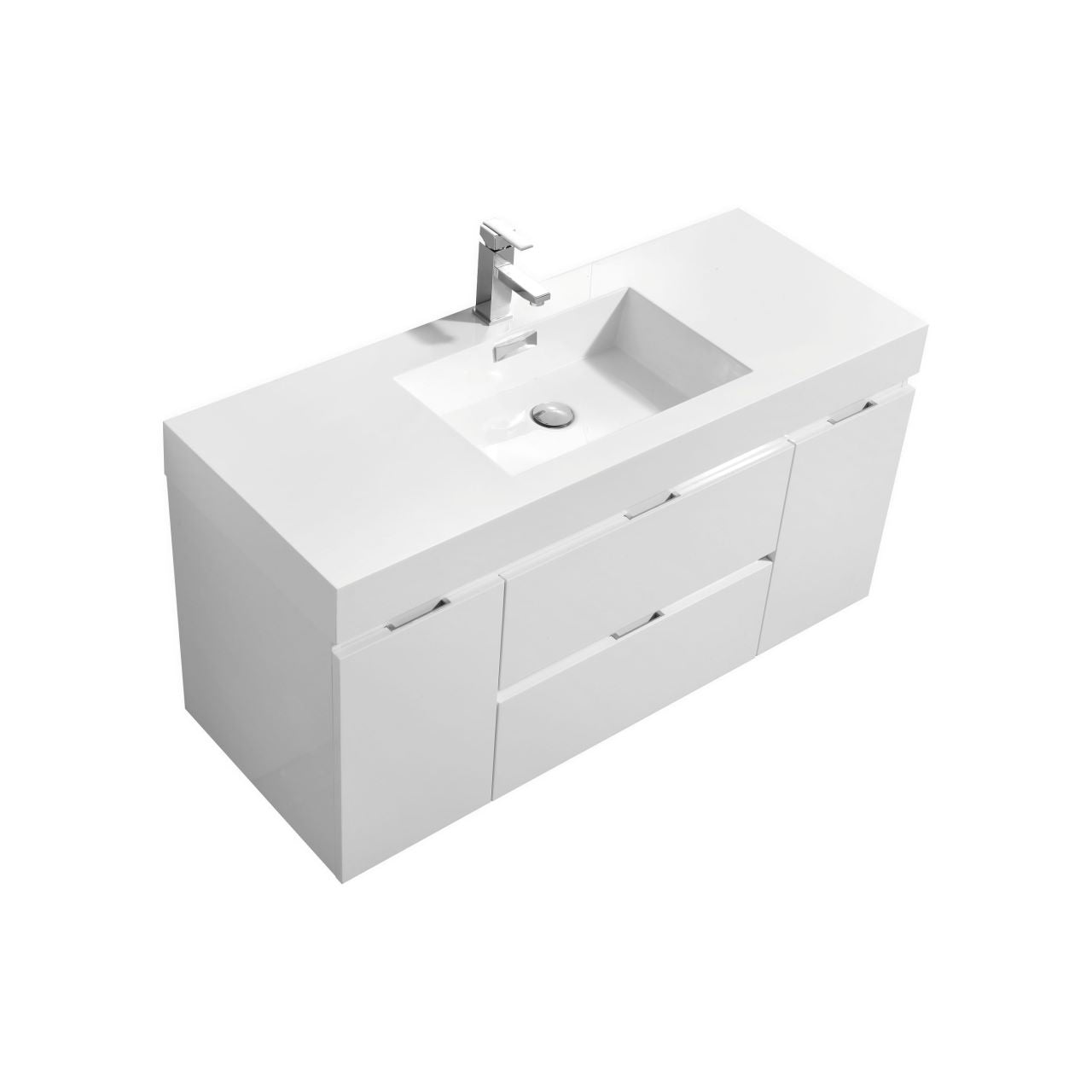 KUBEBATH Bliss BSL48-GW 48" Single Wall Mount Bathroom Vanity in High Gloss White with White Acrylic Composite, Integrated Sink, Angled View