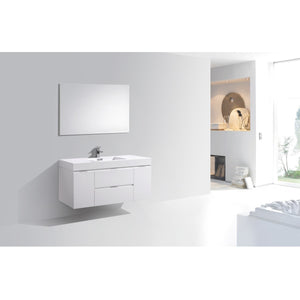 KUBEBATH Bliss BSL48-GW 48" Single Wall Mount Bathroom Vanity in High Gloss White with White Acrylic Composite, Integrated Sink, Rendered Angled View