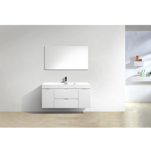 KUBEBATH Bliss BSL48-GW 48" Single Wall Mount Bathroom Vanity in High Gloss White with White Acrylic Composite, Integrated Sink, Rendered Front View