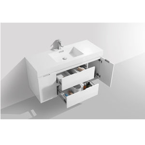 KUBEBATH Bliss BSL48-GW 48" Single Wall Mount Bathroom Vanity in High Gloss White with White Acrylic Composite, Integrated Sink, Open Drawers and Door