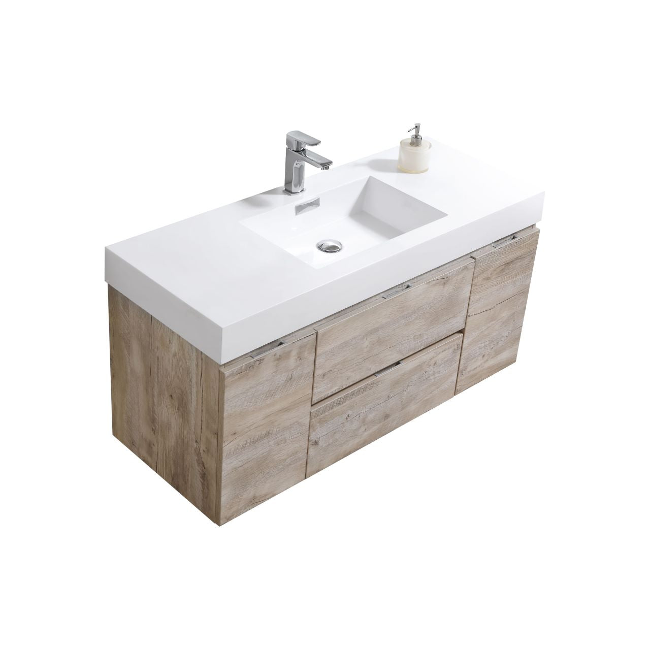 KUBEBATH Bliss BSL48-NW 48" Single Wall Mount Bathroom Vanity in Nature Wood with White Acrylic Composite, Integrated Sink, Angled View
