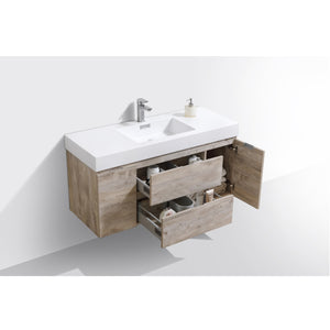 KUBEBATH Bliss BSL48-NW 48" Single Wall Mount Bathroom Vanity in Nature Wood with White Acrylic Composite, Integrated Sink, Open Drawers and Door