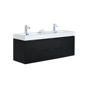 KUBEBATH Bliss BSL60D-BK 60" Double Wall Mount Bathroom Vanity in Black with White Acrylic Composite, Integrated Sinks, Angled View