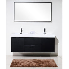 Load image into Gallery viewer, KUBEBATH Bliss BSL60D-BK 60&quot; Double Wall Mount Bathroom Vanity in Black with White Acrylic Composite, Integrated Sinks, Rendered Front View