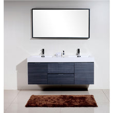 Load image into Gallery viewer, KUBEBATH Bliss BSL60D-GO 60&quot; Double Wall Mount Bathroom Vanity in Gray Oak with White Acrylic Composite, Integrated Sinks, Rendered Front View
