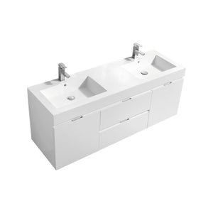 KubeBath Bliss BSL60D-GW 60" Double Wall Mount Bathroom Vanity in High Gloss White with White Acrylic Composite, Integrated Sinks