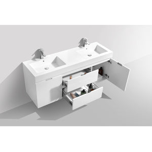 KubeBath Bliss BSL60D-GW 60" Double Wall Mount Bathroom Vanity in High Gloss White with White Acrylic Composite, Integrated Sinks