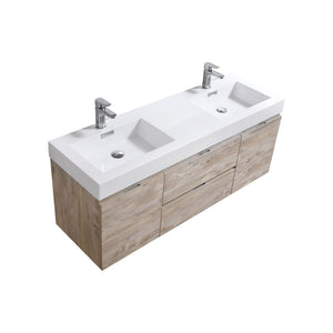 KUBEBATH Bliss BSL60D-NW 60" Double Wall Mount Bathroom Vanity in Nature Wood with White Acrylic Composite, Integrated Sinks, Angled View