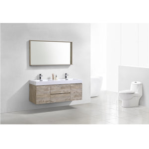 KUBEBATH Bliss BSL60D-NW 60" Double Wall Mount Bathroom Vanity in Nature Wood with White Acrylic Composite, Integrated Sinks, Rendered Angled View