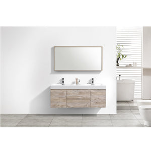 KUBEBATH Bliss BSL60D-NW 60" Double Wall Mount Bathroom Vanity in Nature Wood with White Acrylic Composite, Integrated Sinks, Rendered Front View