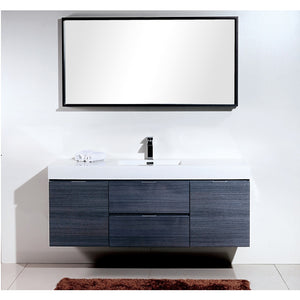 KUBEBATH Bliss BSL60S-GO 60" Single Wall Mount Bathroom Vanity in Gray Oak with White Acrylic Composite, Integrated Sink, Rendered Front View