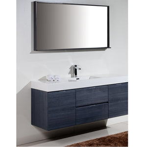 KUBEBATH Bliss BSL60S-GO 60" Single Wall Mount Bathroom Vanity in Gray Oak with White Acrylic Composite, Integrated Sink, Rendered Angled View
