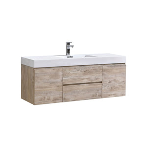 KUBEBATH Bliss BSL60S-NW 60" Single Wall Mount Bathroom Vanity in Nature Wood with White Acrylic Composite, Integrated Sink, Angled View