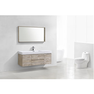 KUBEBATH Bliss BSL60S-NW 60" Single Wall Mount Bathroom Vanity in Nature Wood with White Acrylic Composite, Integrated Sink, Rendered Angled View