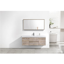 Load image into Gallery viewer, KUBEBATH Bliss BSL60S-NW 60&quot; Single Wall Mount Bathroom Vanity in Nature Wood with White Acrylic Composite, Integrated Sink, Rendered Front View