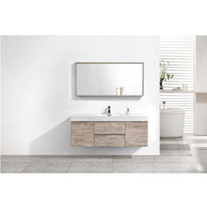 KUBEBATH Bliss BSL60S-NW 60" Single Wall Mount Bathroom Vanity in Nature Wood with White Acrylic Composite, Integrated Sink, Rendered Front View