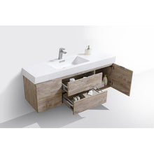 Load image into Gallery viewer, KUBEBATH Bliss BSL60S-NW 60&quot; Single Wall Mount Bathroom Vanity in Nature Wood with White Acrylic Composite, Integrated Sink, Open Drawers and Door