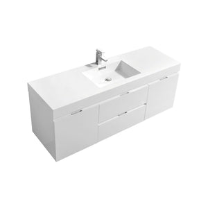 KUBEBATH Bliss BSL60S-GW 60" Single Wall Mount Bathroom Vanity in High Gloss White with White Acrylic Composite, Integrated Sink, Angled View
