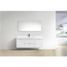 Load image into Gallery viewer, KUBEBATH Bliss BSL60S-GW 60&quot; Single Wall Mount Bathroom Vanity in High Gloss White with White Acrylic Composite, Integrated Sink, Rendered Front View