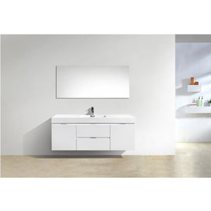 KUBEBATH Bliss BSL60S-GW 60" Single Wall Mount Bathroom Vanity in High Gloss White with White Acrylic Composite, Integrated Sink, Rendered Front View