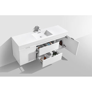 KUBEBATH Bliss BSL60S-GW 60" Single Wall Mount Bathroom Vanity in High Gloss White with White Acrylic Composite, Integrated Sink, Open Drawers and Door