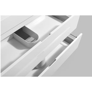 KUBEBATH Bliss BSL60S-GW 60" Single Wall Mount Bathroom Vanity in High Gloss White with White Acrylic Composite, Integrated Sink, Open Drawers Closeup