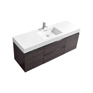KUBEBATH Bliss BSL60S-HGGO 60" Single Wall Mount Bathroom Vanity in High Gloss Gray Oak with White Acrylic Composite, Integrated Sink, Angled View