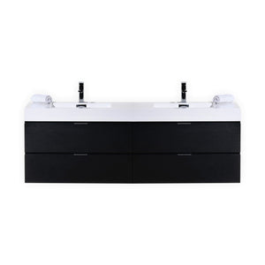 KUBEBATH Bliss BSL72D-BK 72" Double Wall Mount Bathroom Vanity in Black with White Acrylic Composite, Integrated Sinks, Front View