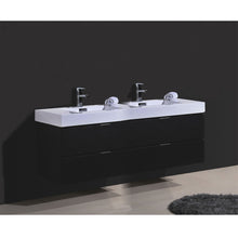 Load image into Gallery viewer, KUBEBATH Bliss BSL72D-BK 72&quot; Double Wall Mount Bathroom Vanity in Black with White Acrylic Composite, Integrated Sinks, Rendered Angled View