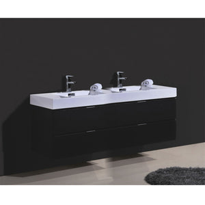 KUBEBATH Bliss BSL72D-BK 72" Double Wall Mount Bathroom Vanity in Black with White Acrylic Composite, Integrated Sinks, Rendered Angled View