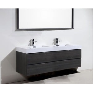 KUBEBATH Bliss BSL72D-GO 72" Double Wall Mount Bathroom Vanity in Gray Oak with White Acrylic Composite, Integrated Sinks, Rendered Angled View