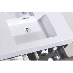 KUBEBATH Bliss BSL72D-GO 72" Double Wall Mount Bathroom Vanity in Gray Oak with White Acrylic Composite, Integrated Sinks, Countertop Closeup