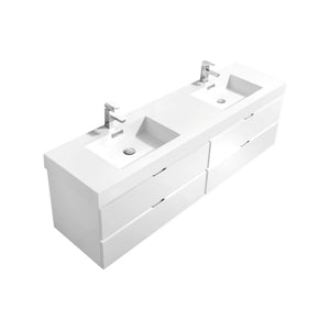 KUBEBATH Bliss BSL72D-GW 72" Double Wall Mount Bathroom Vanity in High Gloss White with White Acrylic Composite, Integrated Sinks, Angled View