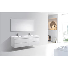 Load image into Gallery viewer, KUBEBATH Bliss BSL72D-GW 72&quot; Double Wall Mount Bathroom Vanity in High Gloss White with White Acrylic Composite, Integrated Sinks, Rendered Angled View