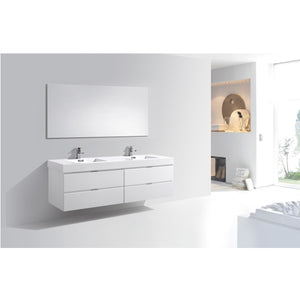 KUBEBATH Bliss BSL72D-GW 72" Double Wall Mount Bathroom Vanity in High Gloss White with White Acrylic Composite, Integrated Sinks, Rendered Angled View